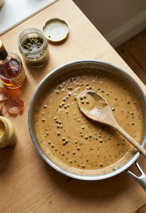 Gordon Ramsay peppercorn sauce with green peppercorns in a frying pan