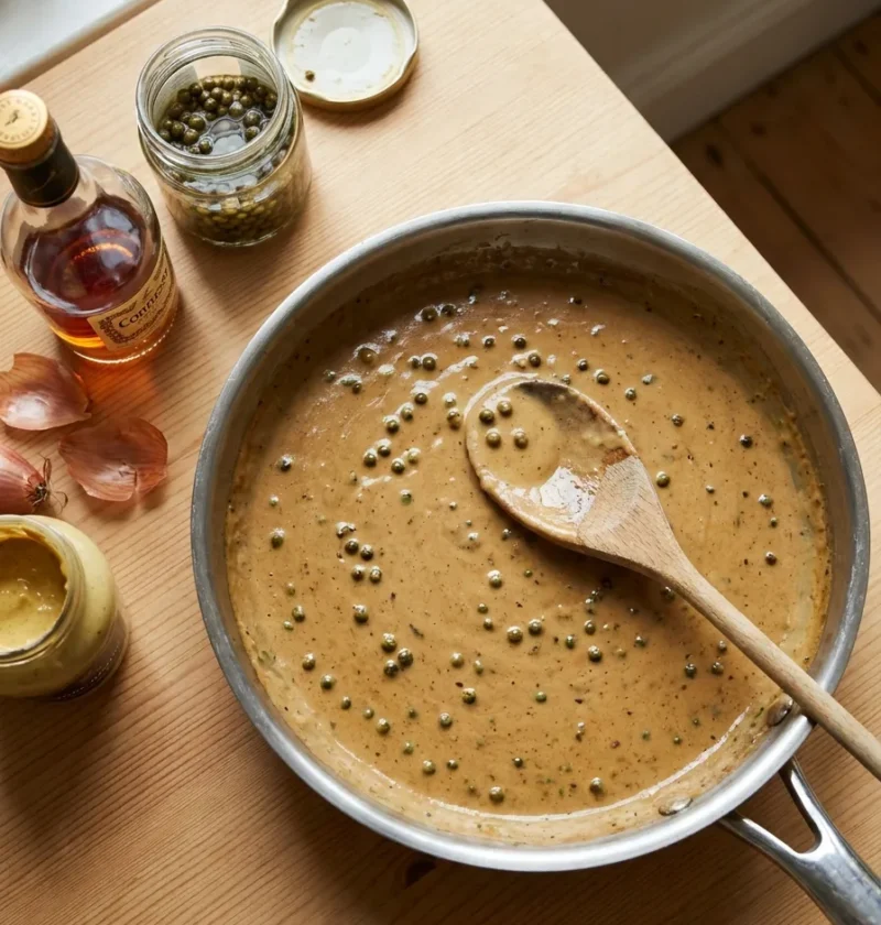 Gordon Ramsay peppercorn sauce with green peppercorns in a frying pan