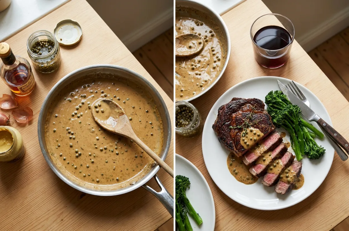 Gordon Ramsay peppercorn sauce in pan and spooned over sliced rib-eye steak