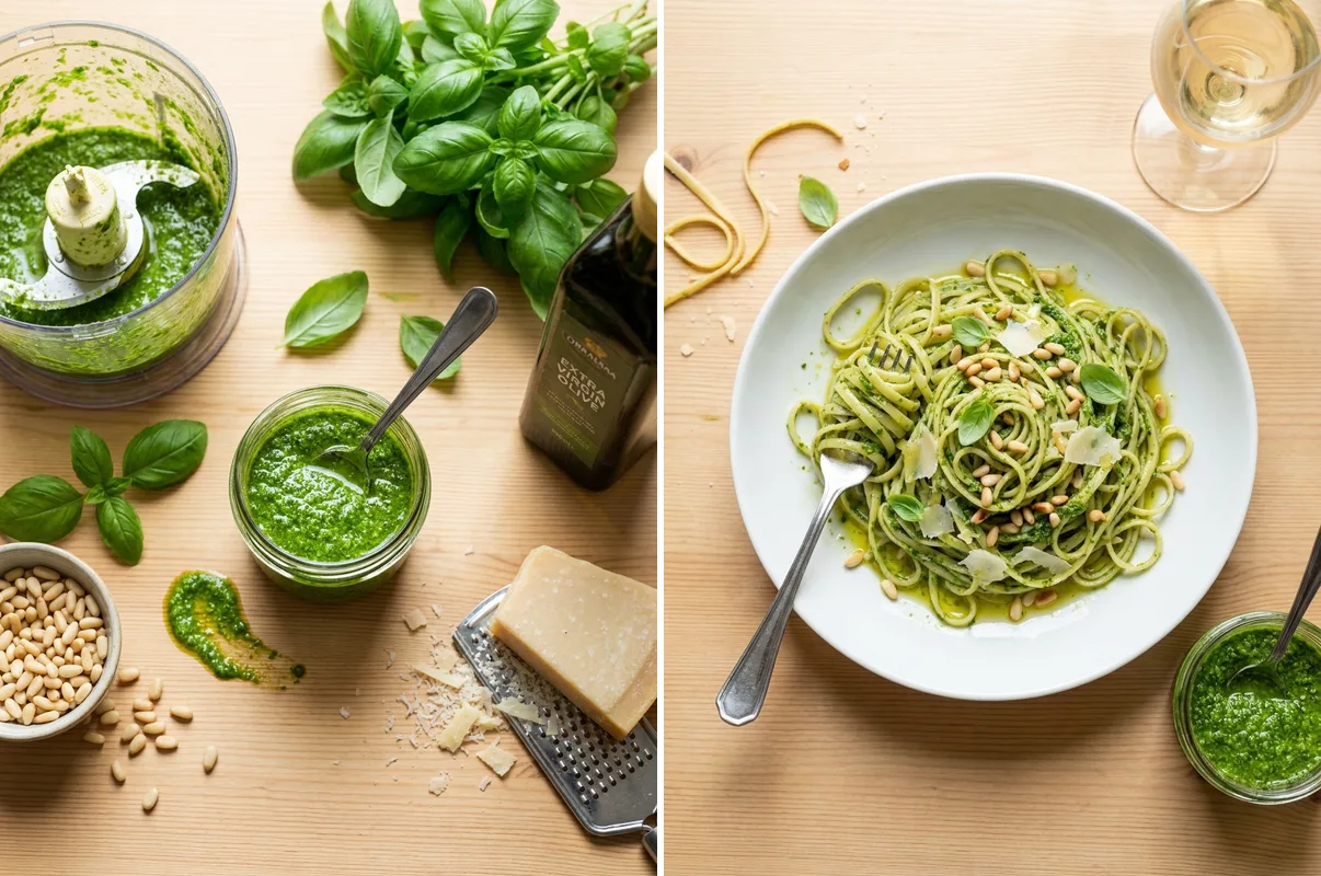 Gordon Ramsay pesto in jar and tossed through linguine with pine nuts and Parmesan
