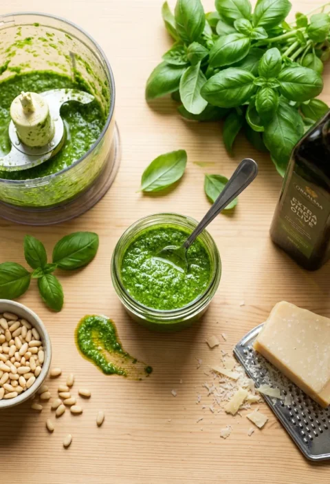 Gordon Ramsay basil pesto bright green in a glass jar with food processor