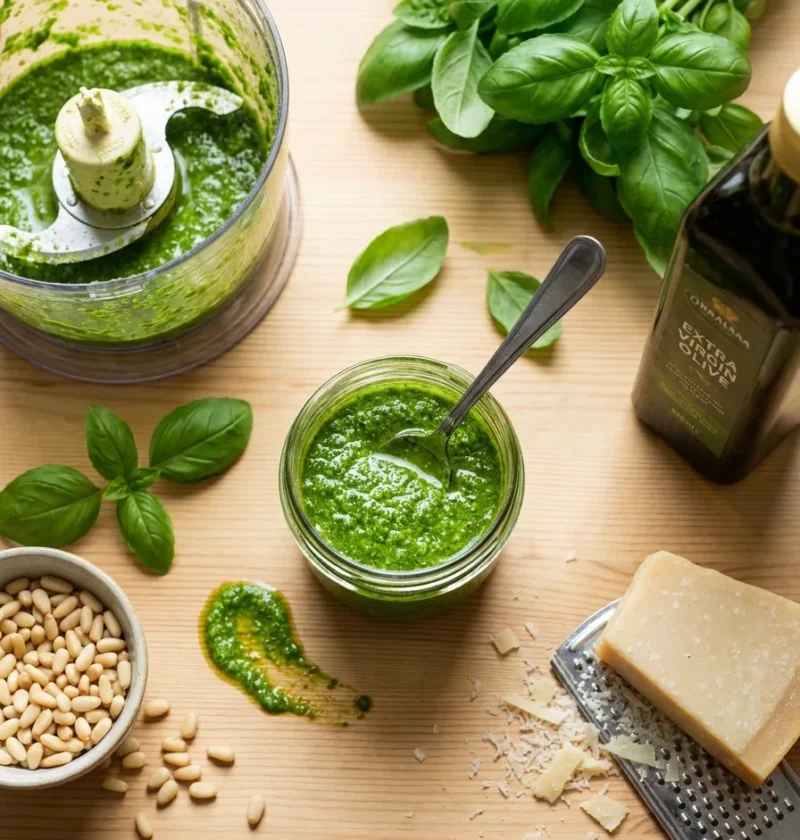 Gordon Ramsay basil pesto bright green in a glass jar with food processor