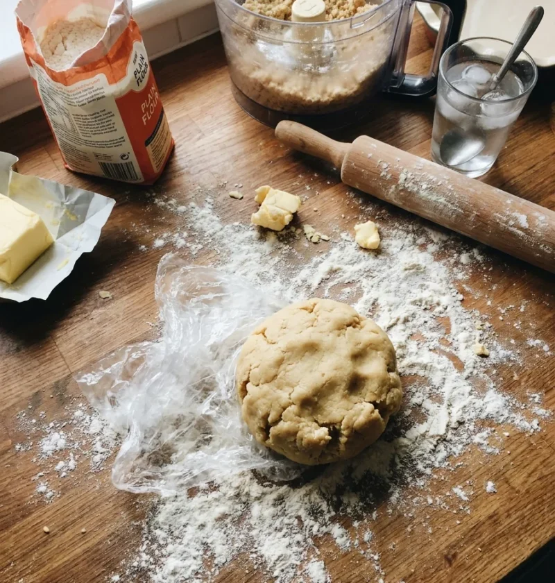 Gordon Ramsay pie crust shortcrust pastry dough on a floured wooden worktop with a food processor rolling pin butter and ice water