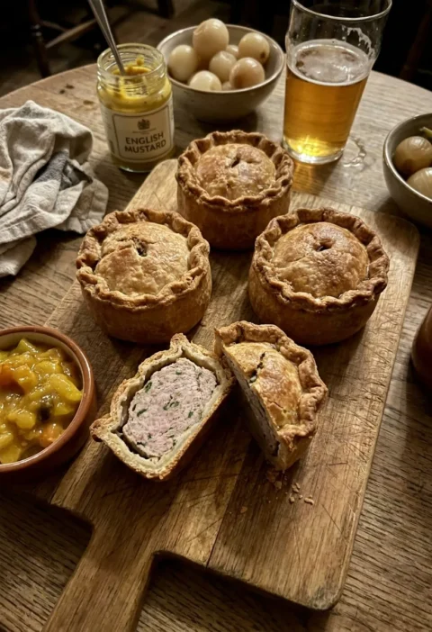 Gordon Ramsay pork pies on a wooden board, individual hand-raised pies with golden hot water crust pastry, one cut in half showing the pork and herb filling, piccalilli and pickled onions beside them