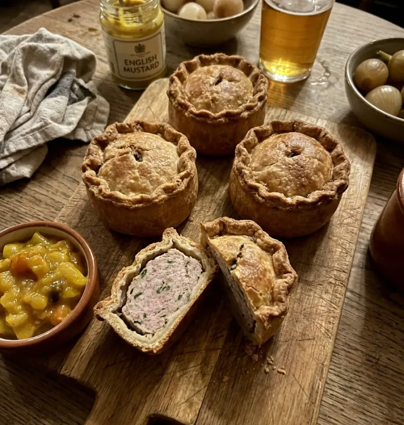 Gordon Ramsay pork pies on a wooden board, individual hand-raised pies with golden hot water crust pastry, one cut in half showing the pork and herb filling, piccalilli and pickled onions beside them