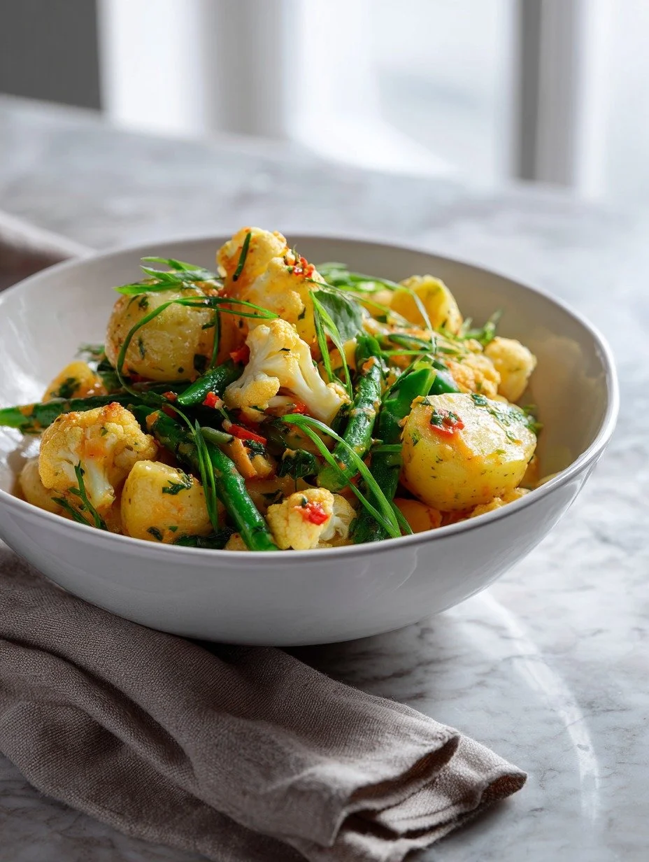 Gordon Ramsay potato salad close up showing turmeric dressing cauliflower and green beans
