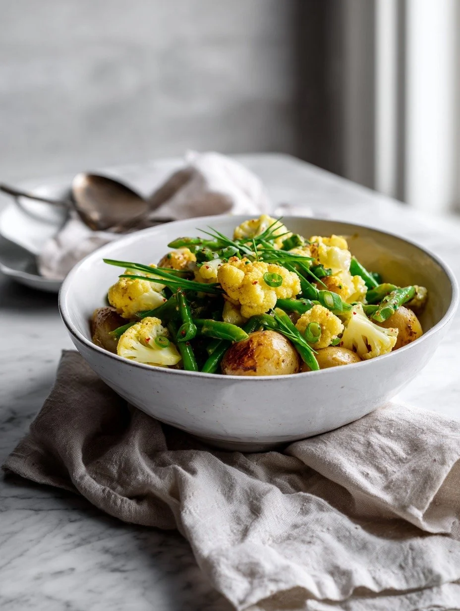 Gordon Ramsay piccalilli potato salad with cauliflower and green beans in a bowl