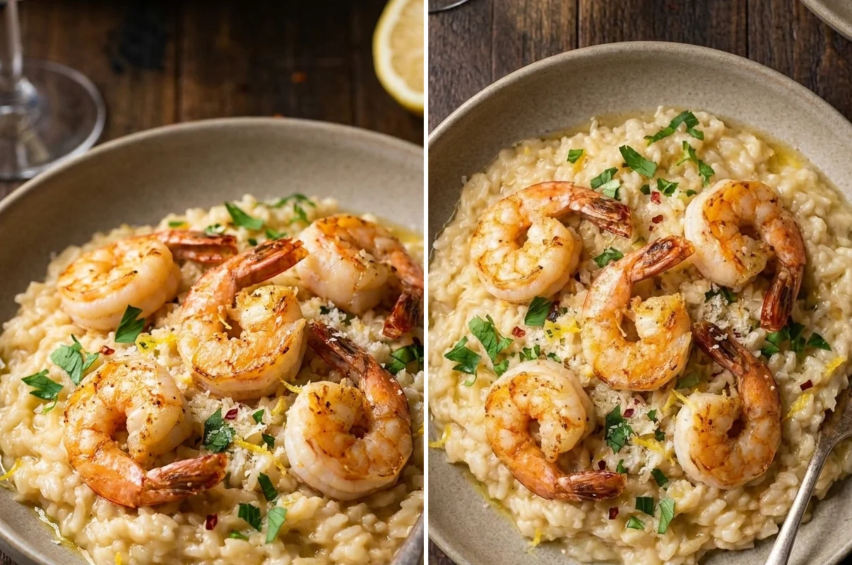 Two angles of prawn risotto with golden seared prawns on creamy Parmesan rice