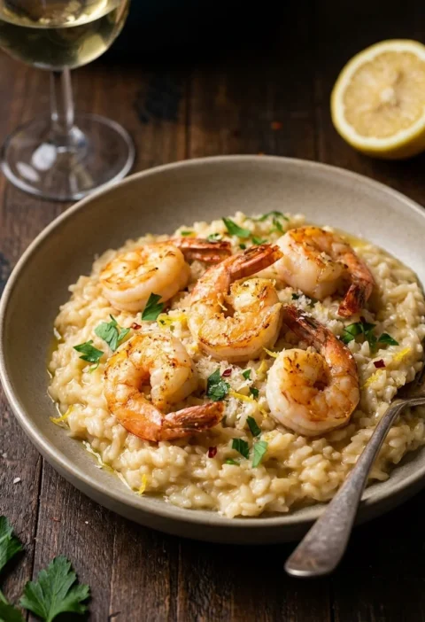 Gordon Ramsay prawn risotto with seared king prawns, parsley, chilli and lemon zest on creamy rice