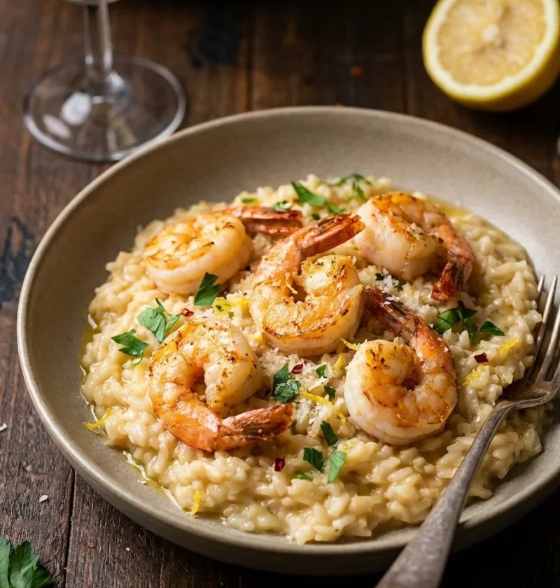 Gordon Ramsay prawn risotto with seared king prawns, parsley, chilli and lemon zest on creamy rice