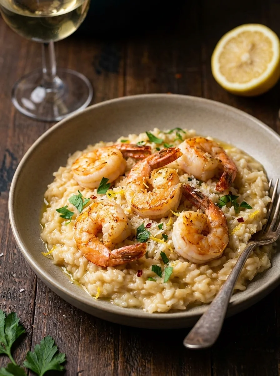 Gordon Ramsay prawn risotto with seared king prawns, parsley, chilli and lemon zest on creamy rice