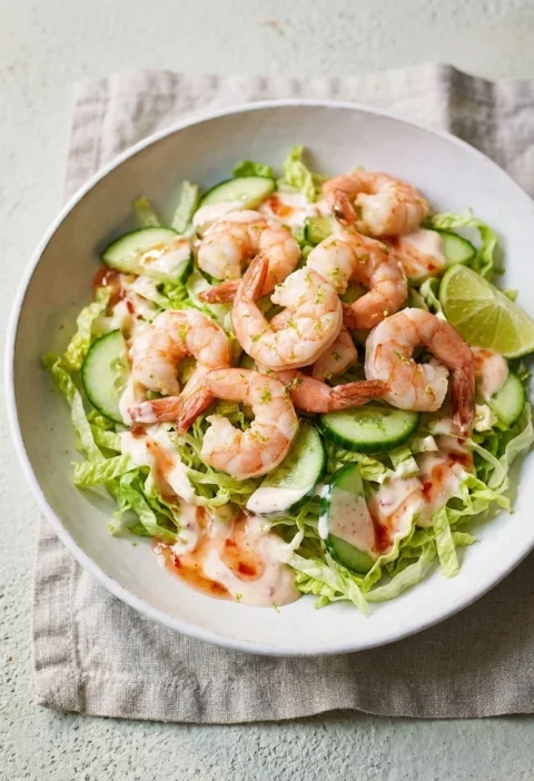 Prawn and cucumber salad with baby gem lettuce and sweet chilli yoghurt dressing