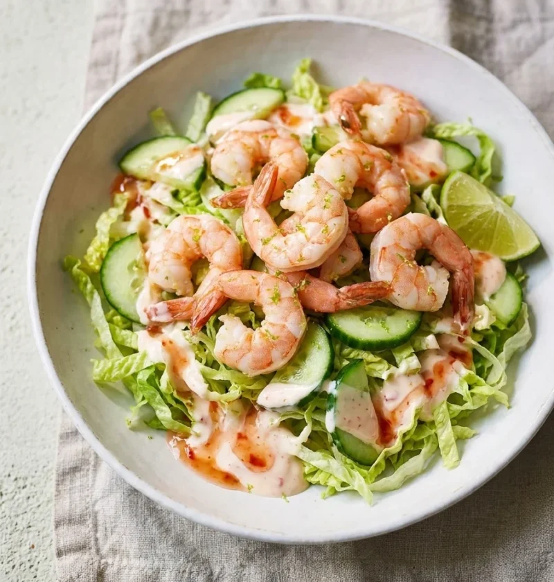 Prawn and cucumber salad with baby gem lettuce and sweet chilli yoghurt dressing
