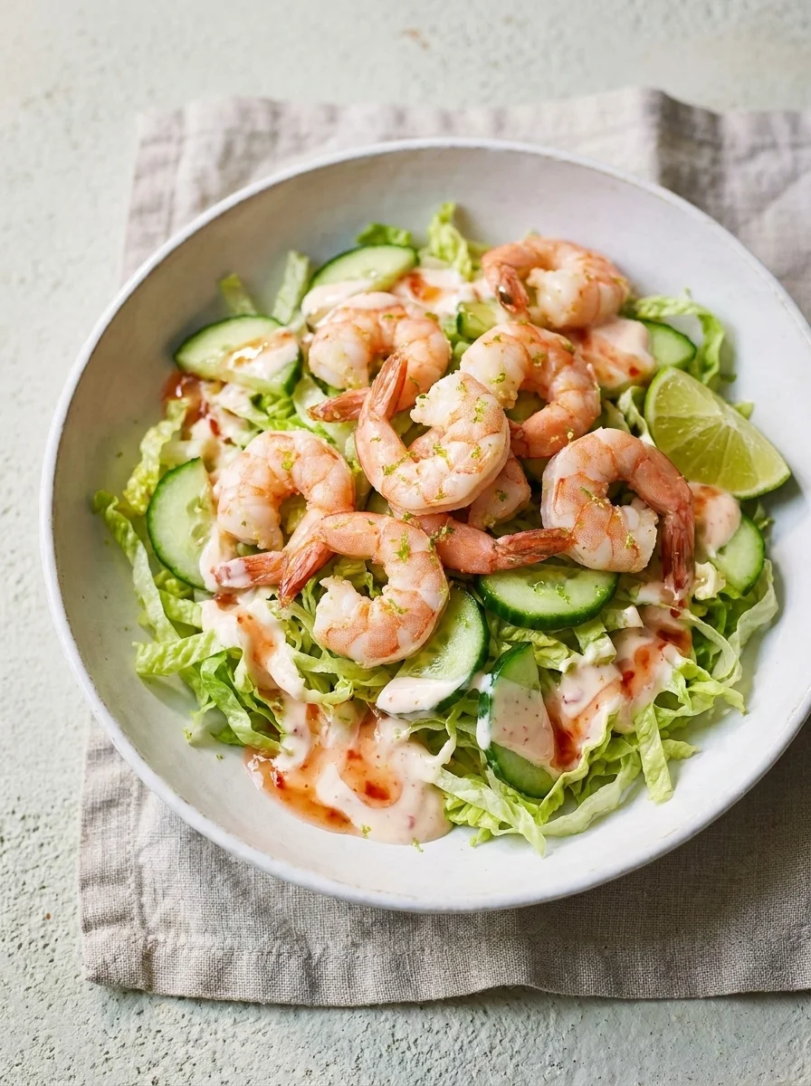 Prawn and cucumber salad with baby gem lettuce and sweet chilli yoghurt dressing