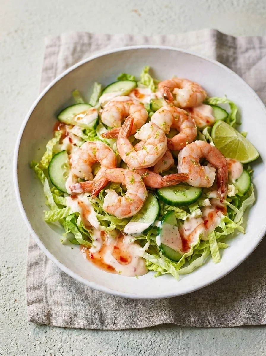 Overhead view of prawn salad with cucumber and lime