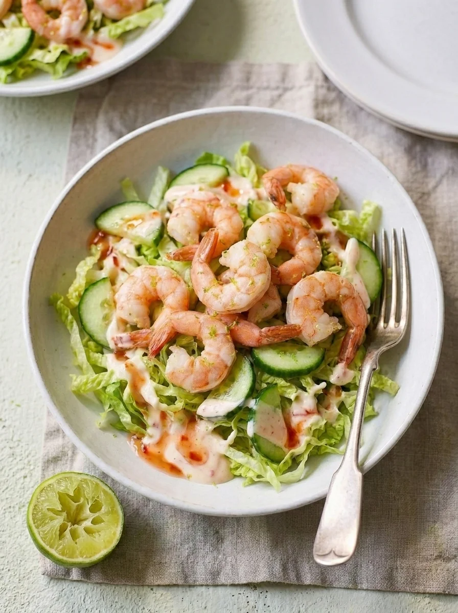 Prawn salad on table with fork and linen napkin