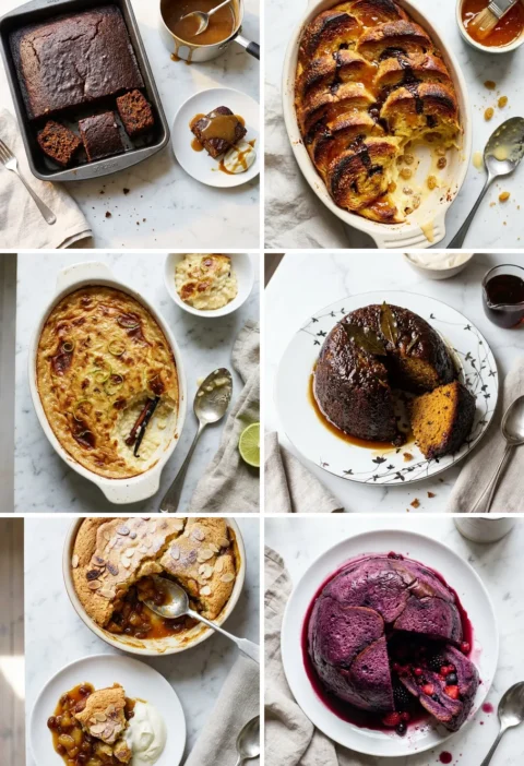 Six Gordon Ramsay pudding recipes from his cookbooks showing sticky toffee pudding bread and butter pudding rice pudding Christmas pudding apple pudding and summer pudding