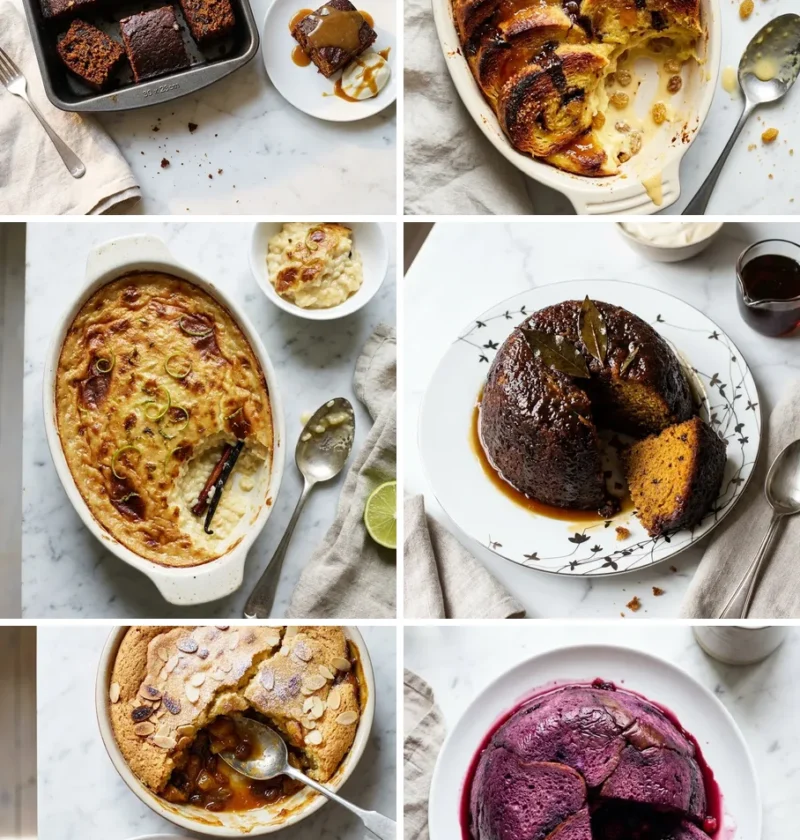 Six Gordon Ramsay pudding recipes from his cookbooks showing sticky toffee pudding bread and butter pudding rice pudding Christmas pudding apple pudding and summer pudding