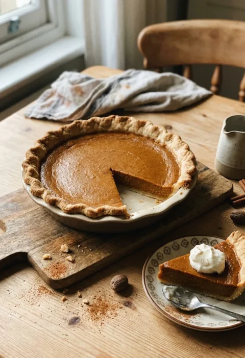 Gordon Ramsay pumpkin pie on a wooden table, a single slice lifted to show the smooth set pumpkin custard and crisp pastry base, with whipped cream and spices