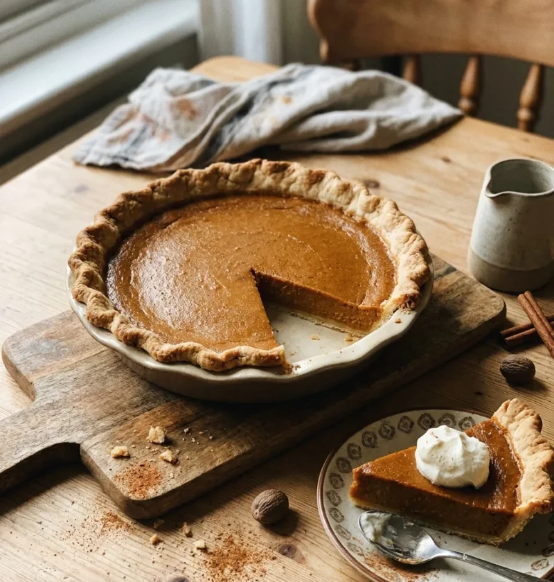 Gordon Ramsay pumpkin pie on a wooden table, a single slice lifted to show the smooth set pumpkin custard and crisp pastry base, with whipped cream and spices