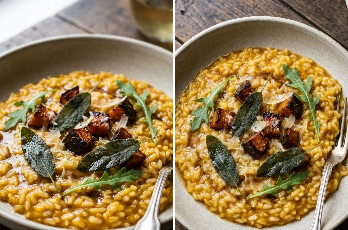 Two angles of pumpkin risotto with sage leaves, rocket and roasted pumpkin on golden rice