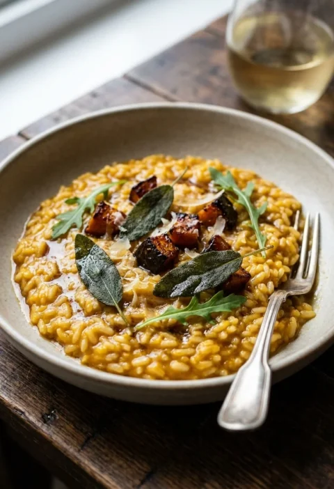 Gordon Ramsay pumpkin risotto with roasted pumpkin chunks, crispy sage leaves, wild rocket and Parmesan