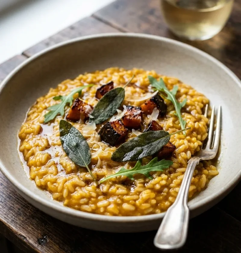 Gordon Ramsay pumpkin risotto with roasted pumpkin chunks, crispy sage leaves, wild rocket and Parmesan