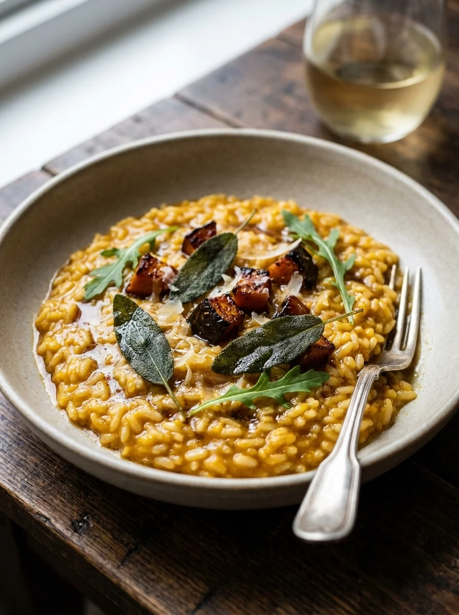 Gordon Ramsay pumpkin risotto with roasted pumpkin chunks, crispy sage leaves, wild rocket and Parmesan