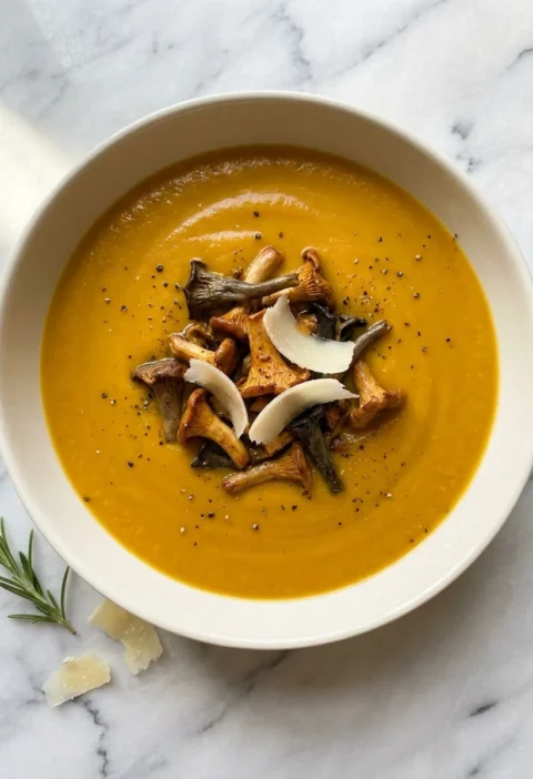 Gordon Ramsay pumpkin soup with wild mushrooms and Parmesan shavings