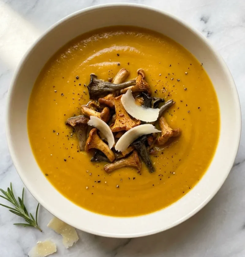Gordon Ramsay pumpkin soup with wild mushrooms and Parmesan shavings