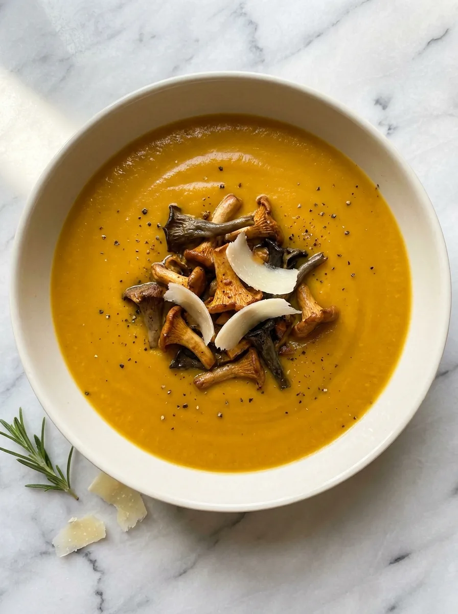 Gordon Ramsay pumpkin soup with wild mushrooms and Parmesan shavings