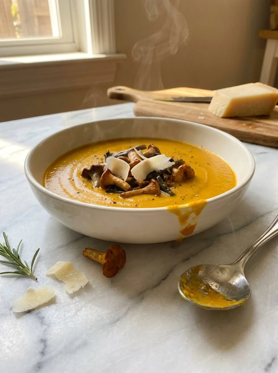 Side view of Gordon Ramsay roasted pumpkin soup with sauteed wild mushrooms on marble table