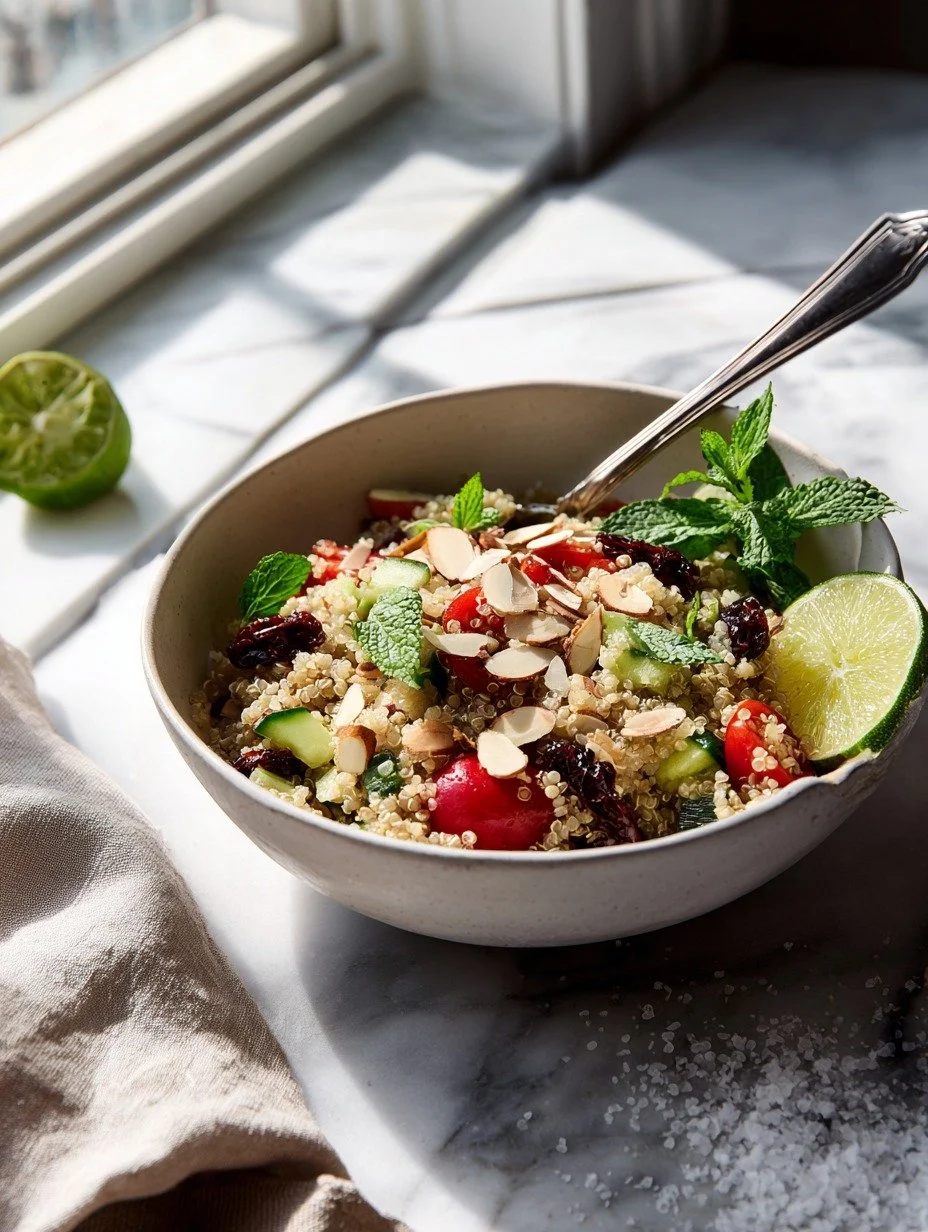 Gordon Ramsay quinoa salad with flaked almonds raisins cucumber and lime