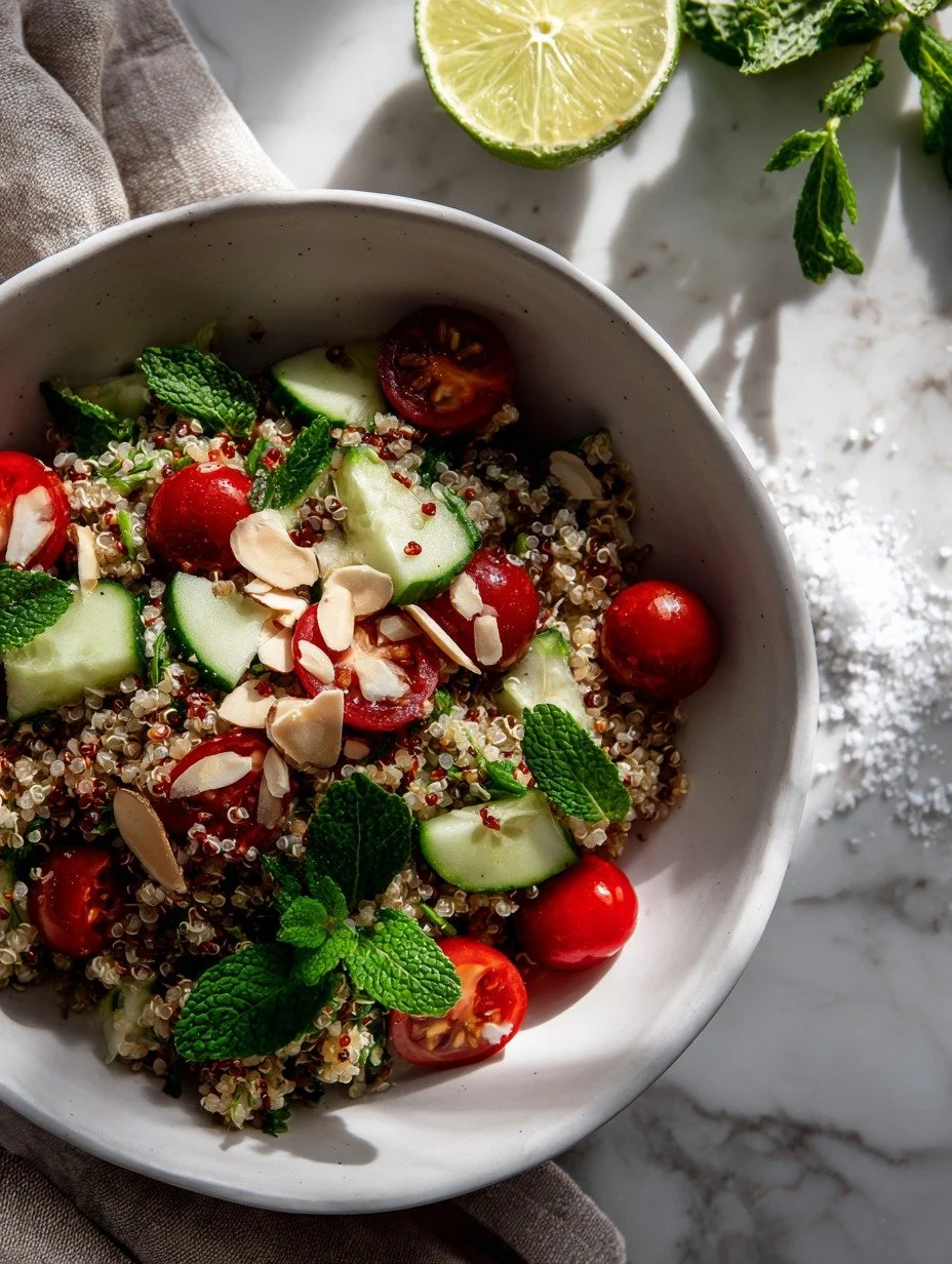 Overhead view of Gordon Ramsay quinoa salad with cherry tomatoes cucumber and lime