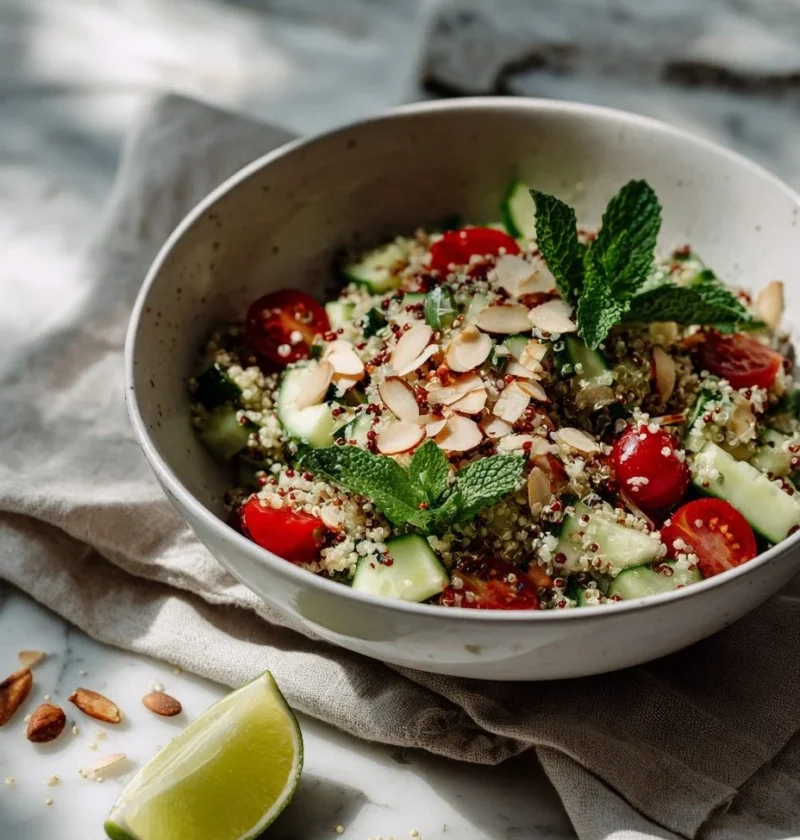 Gordon Ramsay quinoa salad with cherry tomatoes cucumber toasted almonds and fresh mint