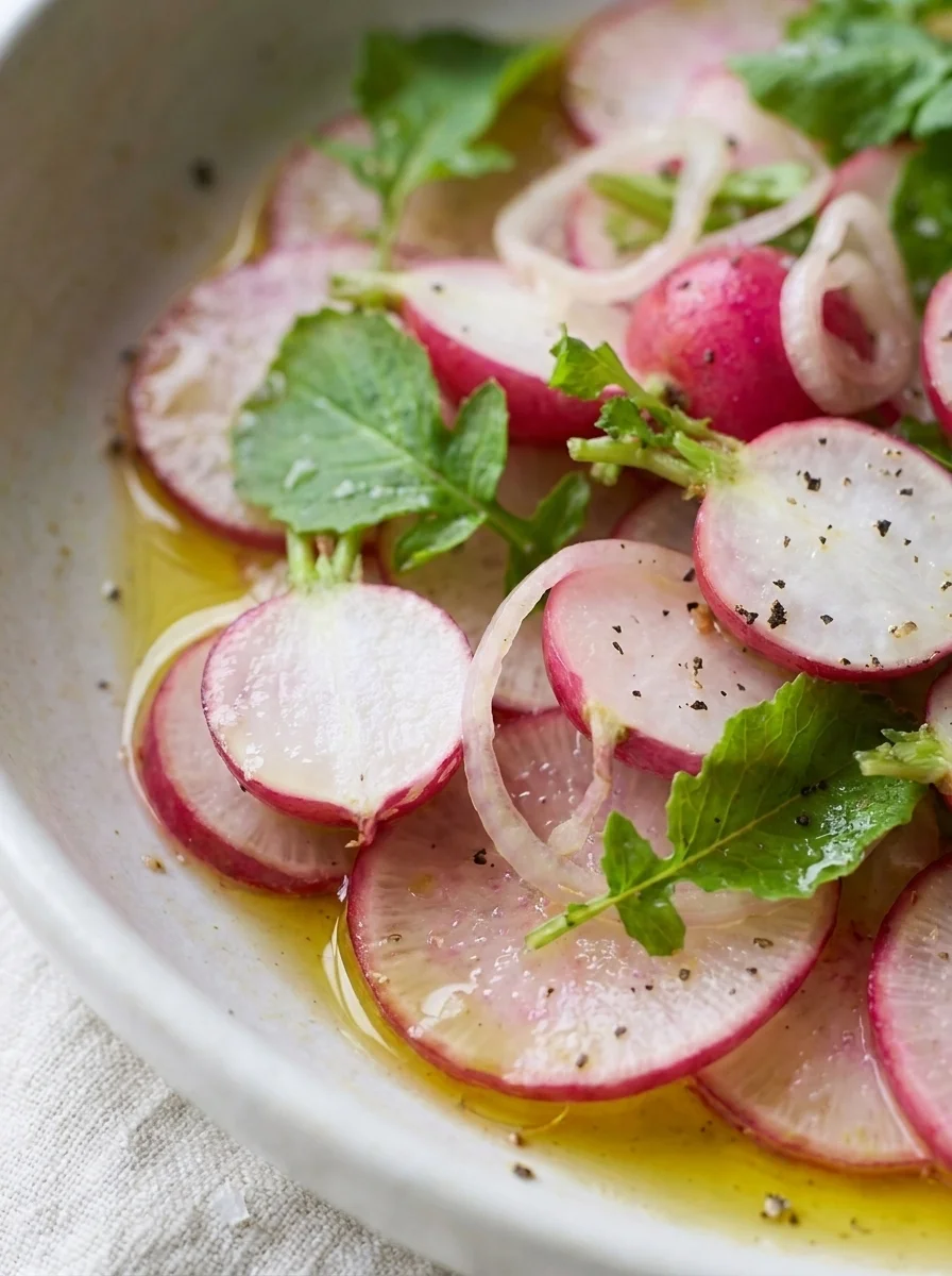Close up of halved radish showing white interior with shallot ring and dressing