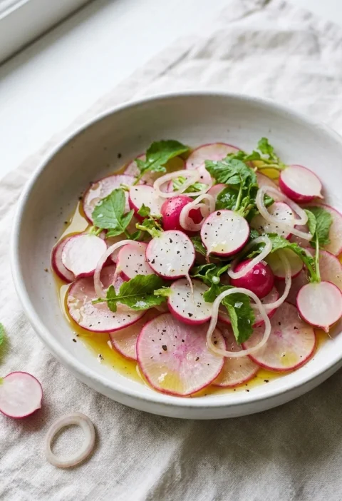 Radish salad with sliced and halved radishes, shallot rings and radish leaves