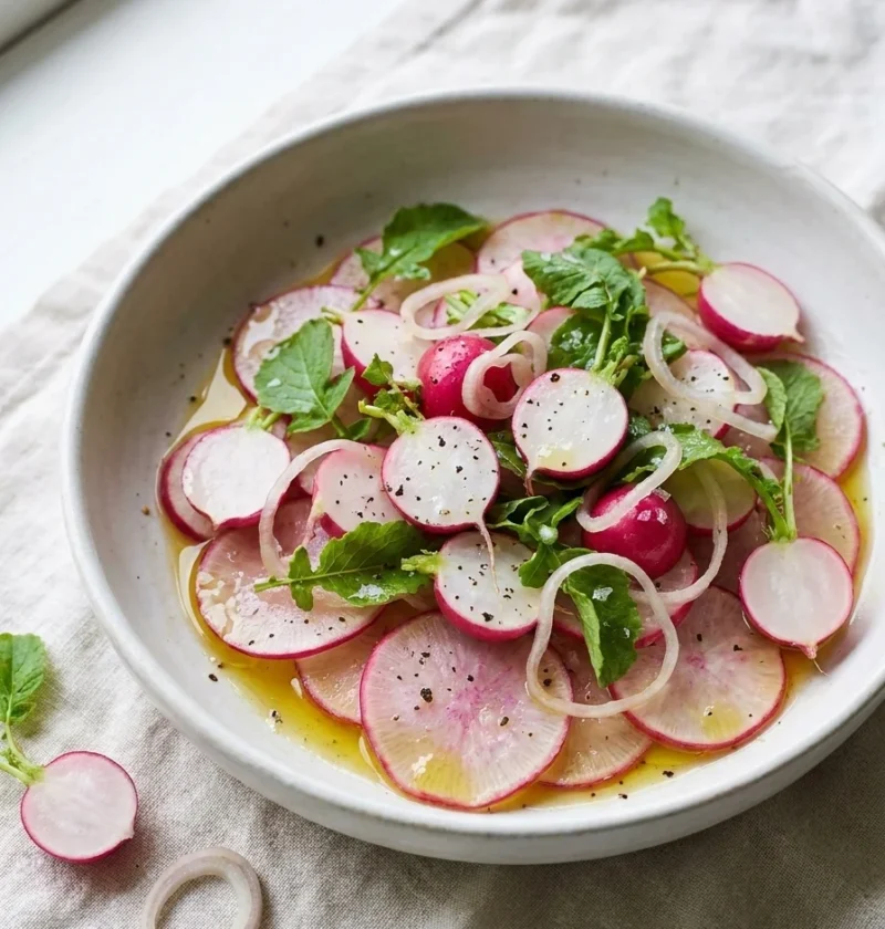 Radish salad with sliced and halved radishes, shallot rings and radish leaves
