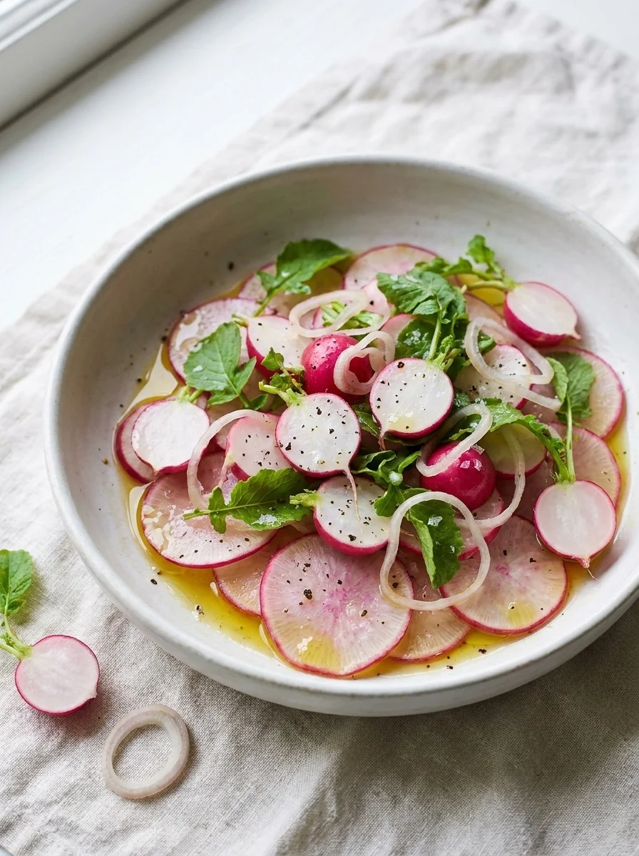 Radish salad with sliced and halved radishes, shallot rings and radish leaves
