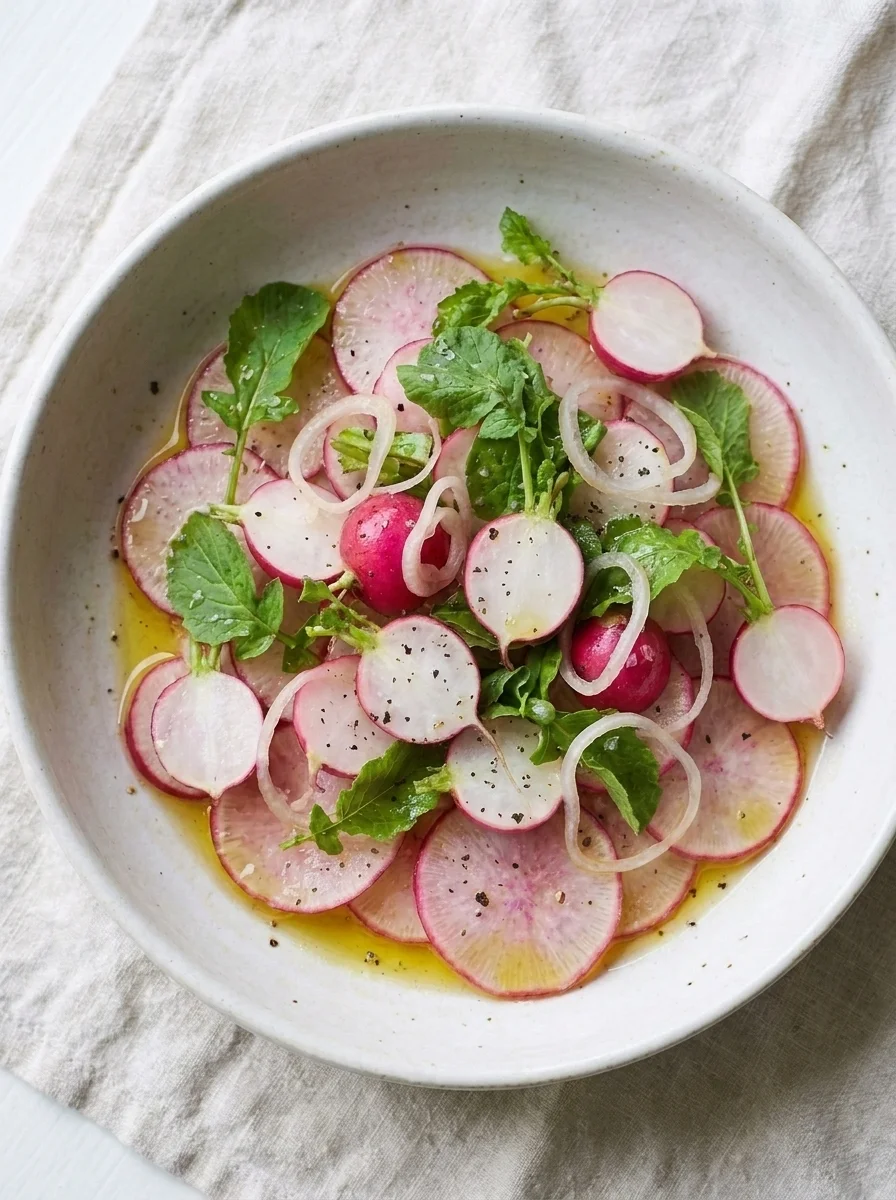 Overhead view of radish salad with lemon olive oil dressing