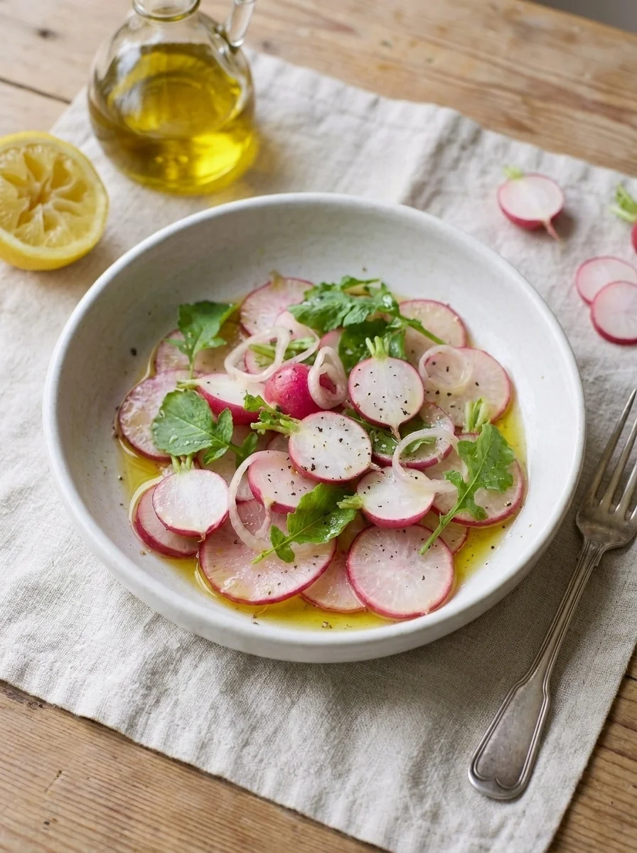Radish salad on table with lemon half and olive oil