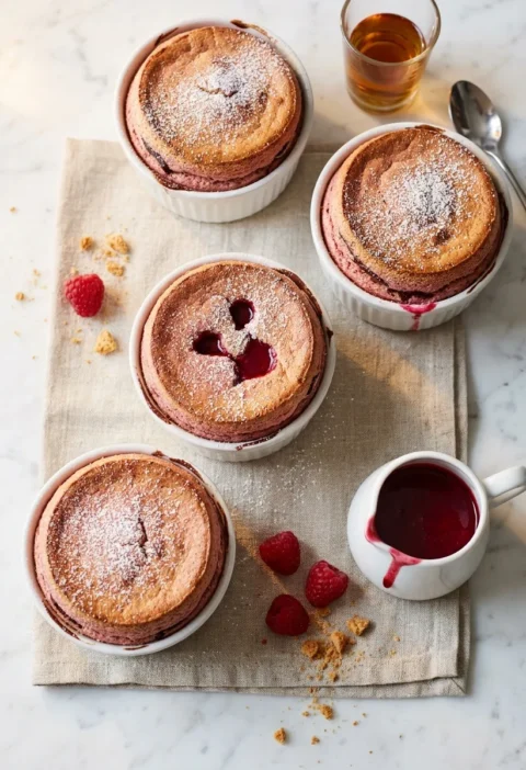 Gordon Ramsay raspberry souffle risen above chocolate-lined ramekins with icing sugar and raspberry coulis poured in centre