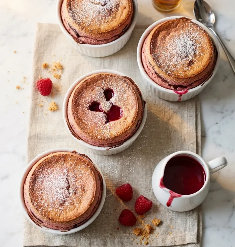 Gordon Ramsay raspberry souffle risen above chocolate-lined ramekins with icing sugar and raspberry coulis poured in centre