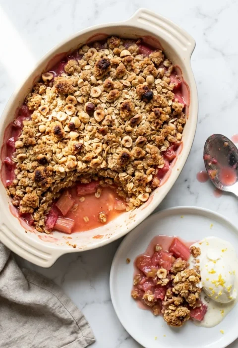 Gordon Ramsay rhubarb crumble with hazelnut and oat topping in an oval dish showing pink rhubarb filling and a served portion with lemon mascarpone