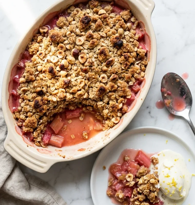 Gordon Ramsay rhubarb crumble with hazelnut and oat topping in an oval dish showing pink rhubarb filling and a served portion with lemon mascarpone