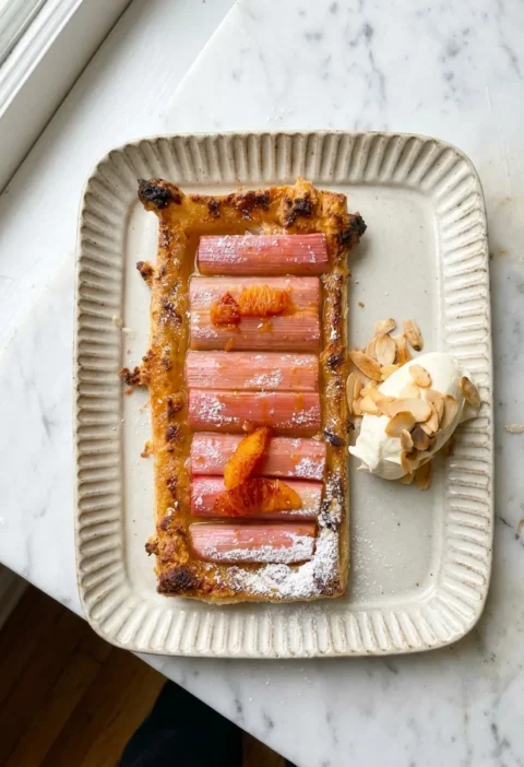 Gordon Ramsay rhubarb tart on a fluted cream plate, puff pastry topped with rows of pink rhubarb, honey-orange glaze and icing sugar, with orange mascarpone and toasted almonds