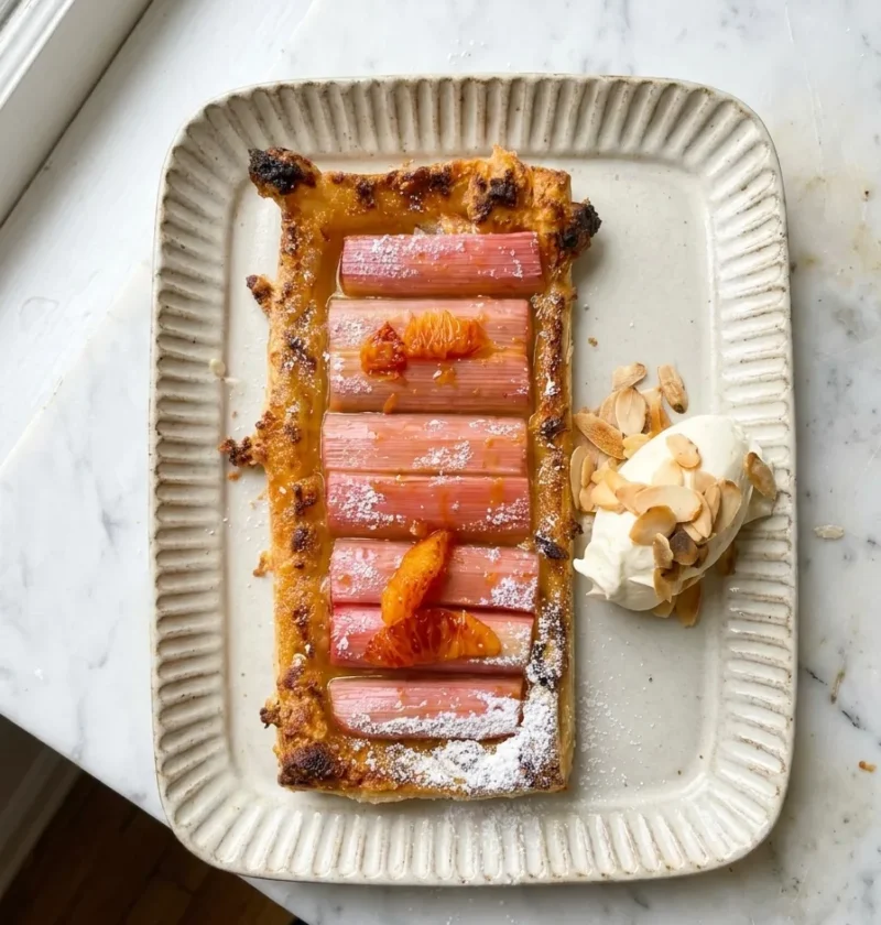 Gordon Ramsay rhubarb tart on a fluted cream plate, puff pastry topped with rows of pink rhubarb, honey-orange glaze and icing sugar, with orange mascarpone and toasted almonds