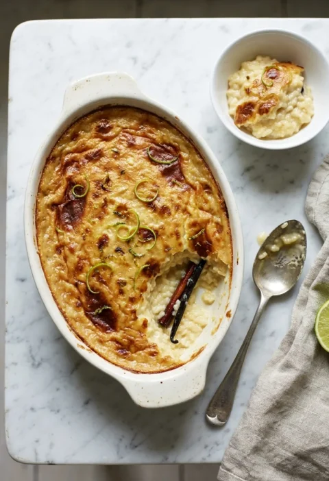 Gordon Ramsay fragrant spiced rice pudding in an oval baking dish with golden brown baked top lime zest curls and cinnamon stick and vanilla pod visible inside