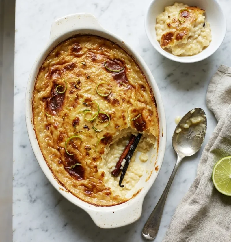 Gordon Ramsay fragrant spiced rice pudding in an oval baking dish with golden brown baked top lime zest curls and cinnamon stick and vanilla pod visible inside