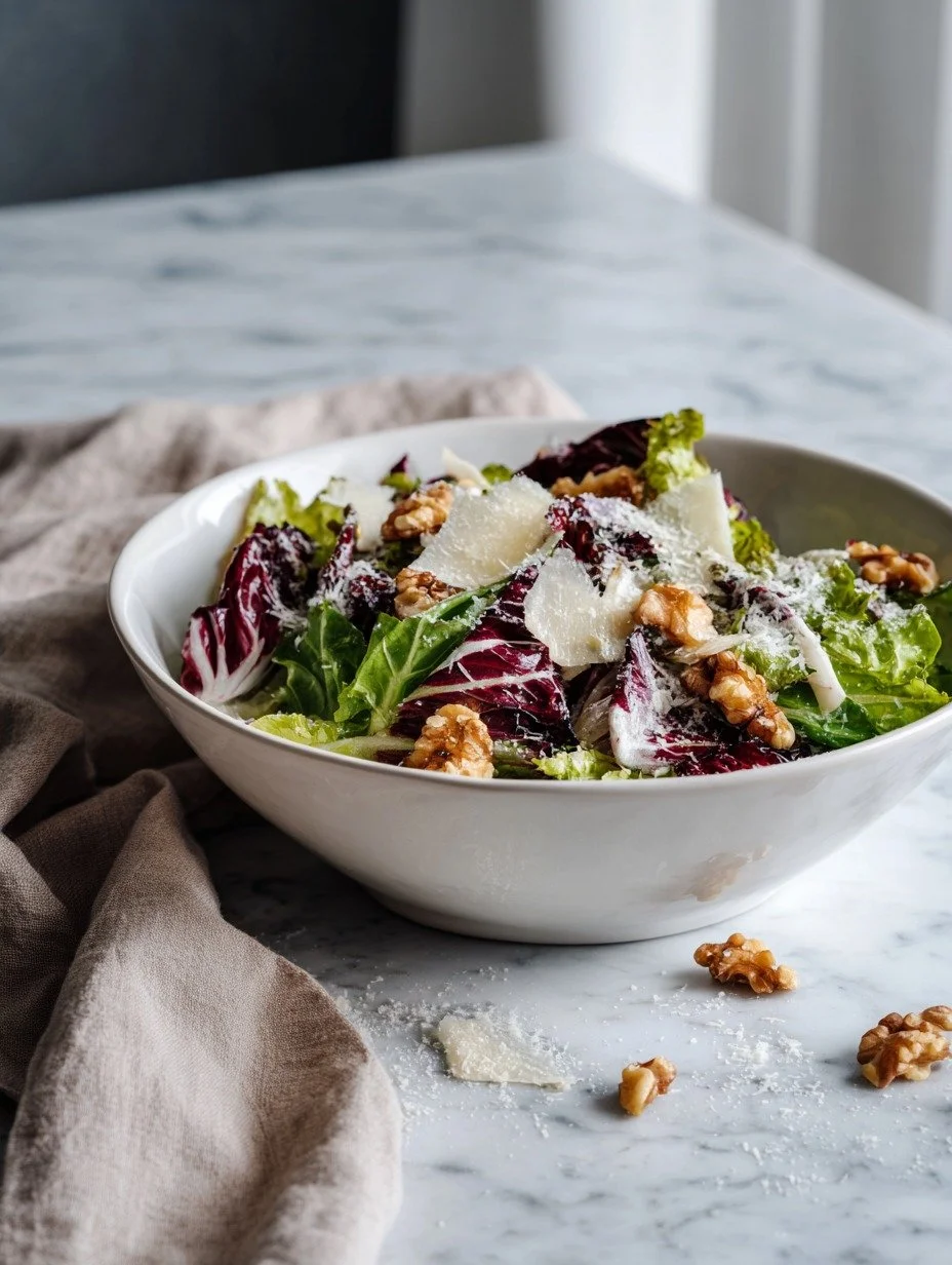 Gordon Ramsay Italian leafy salad with rocket radicchio walnuts and Parmesan in a bowl